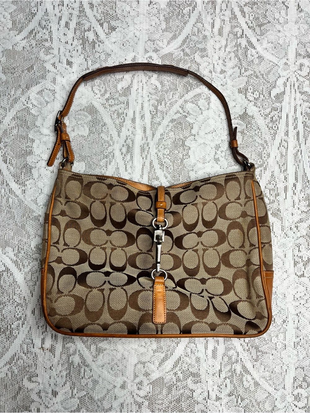 Authentic Vintage Coach Hampton Fold Over Clip Signature Monogram Tan/ Brown Bag
